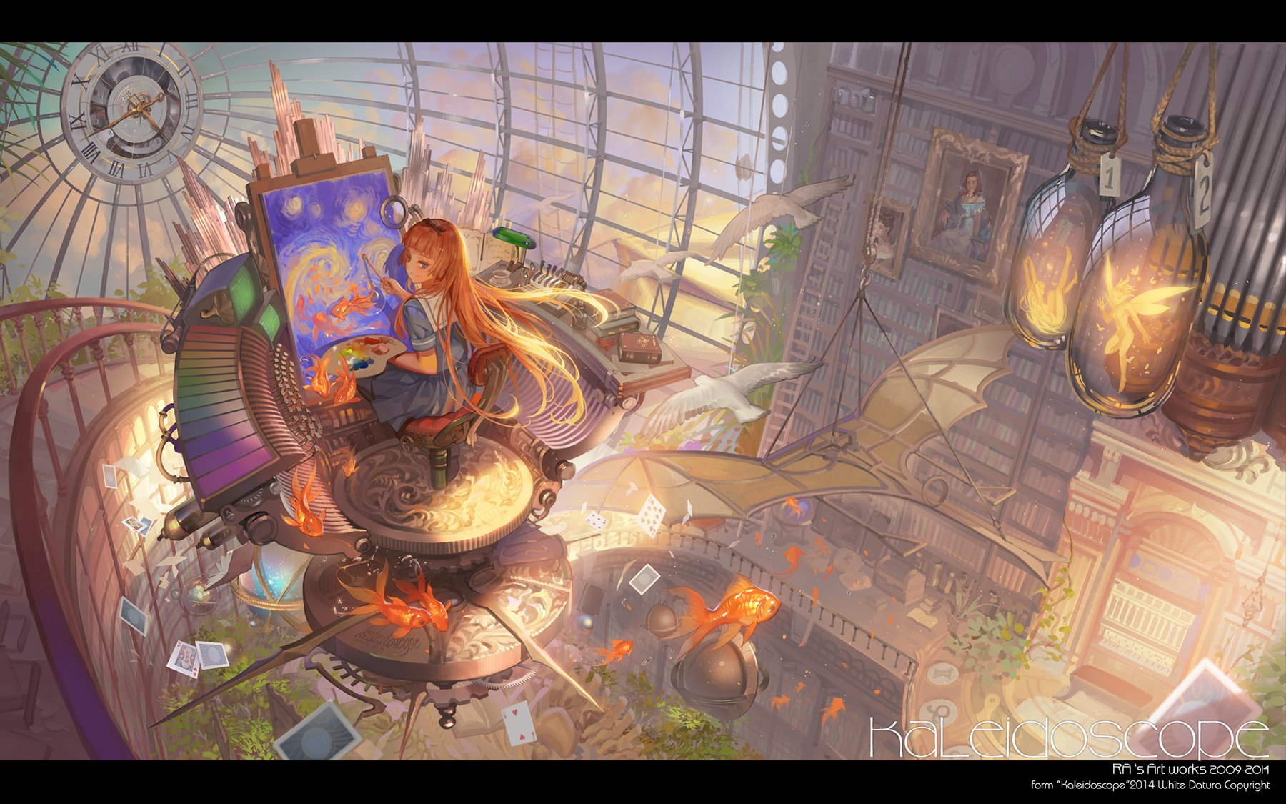 Anime-style HD PC desktop wallpaper featuring a serene girl with long hair sitting by a cauldron in a bright, intricate room filled with magical and mechanical elements.