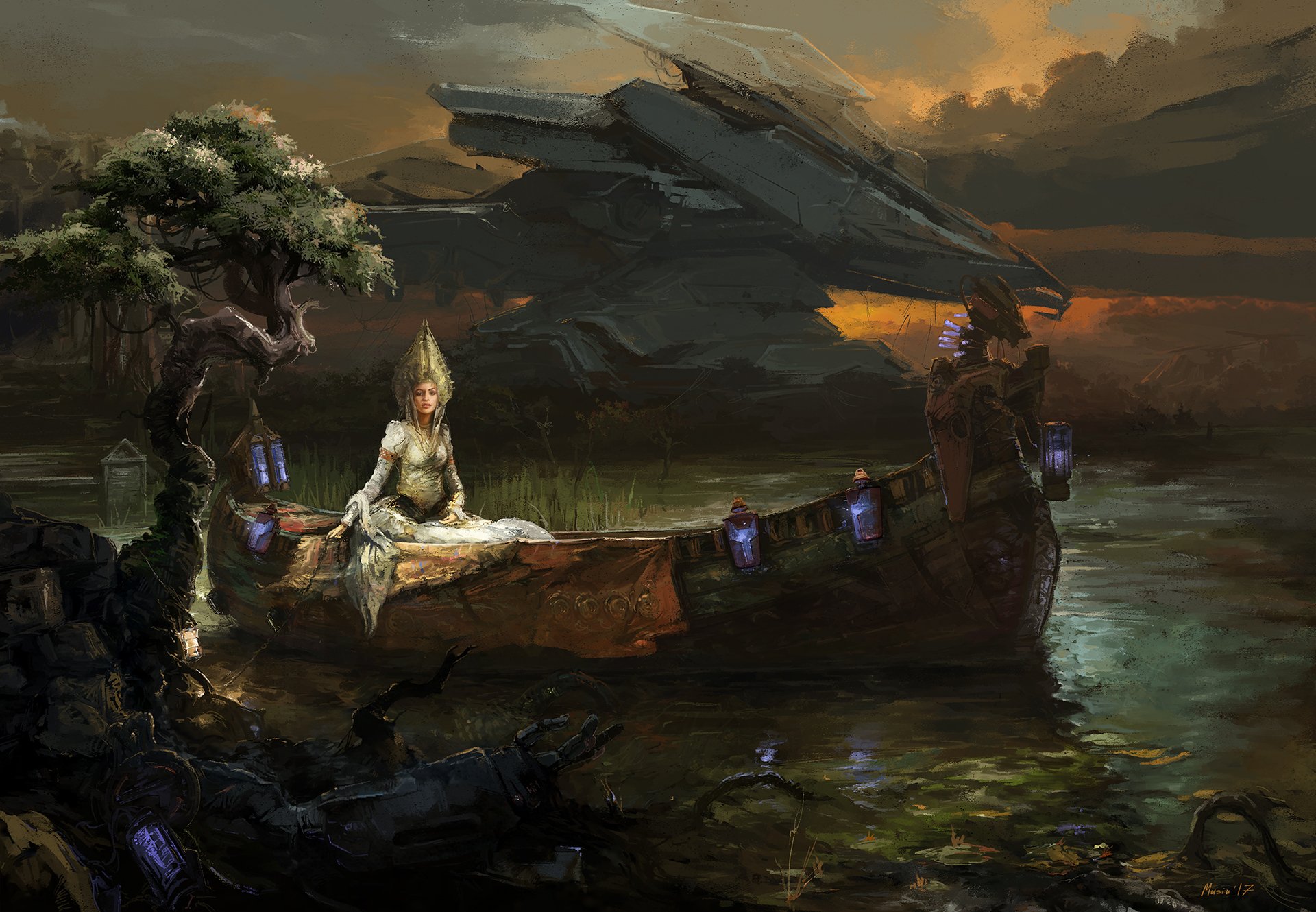 A sci-fi HD wallpaper depicting a woman seated on a boat with a robot holding lanterns, set against a moody, dark waterscape under a cloudy sky.