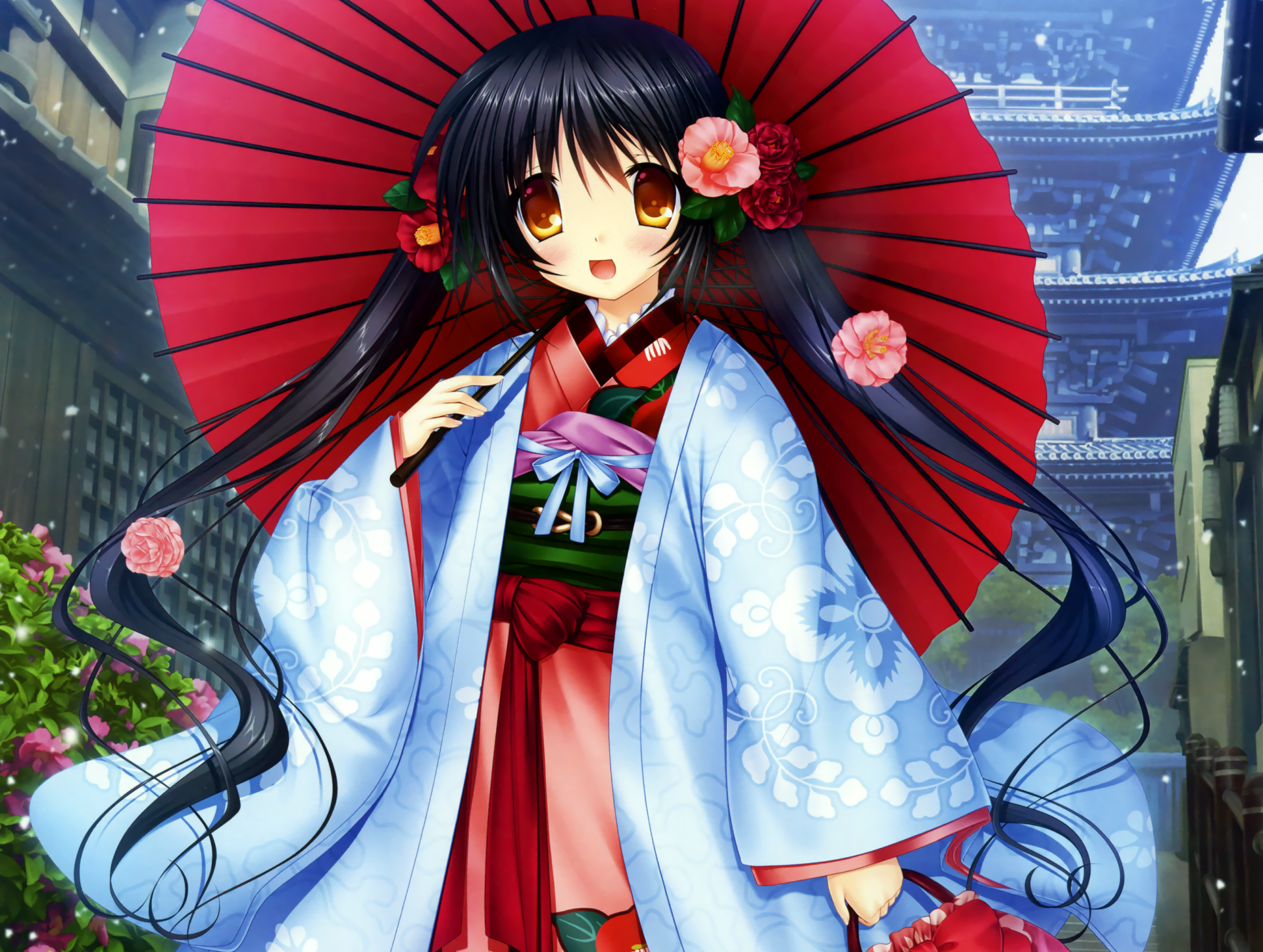 Download Blush Snow Smile Orange Eyes Flower Twintails Black Hair Long Hair Kimono Parasol Anime Geisha HD Wallpaper by Itaru Hinoue