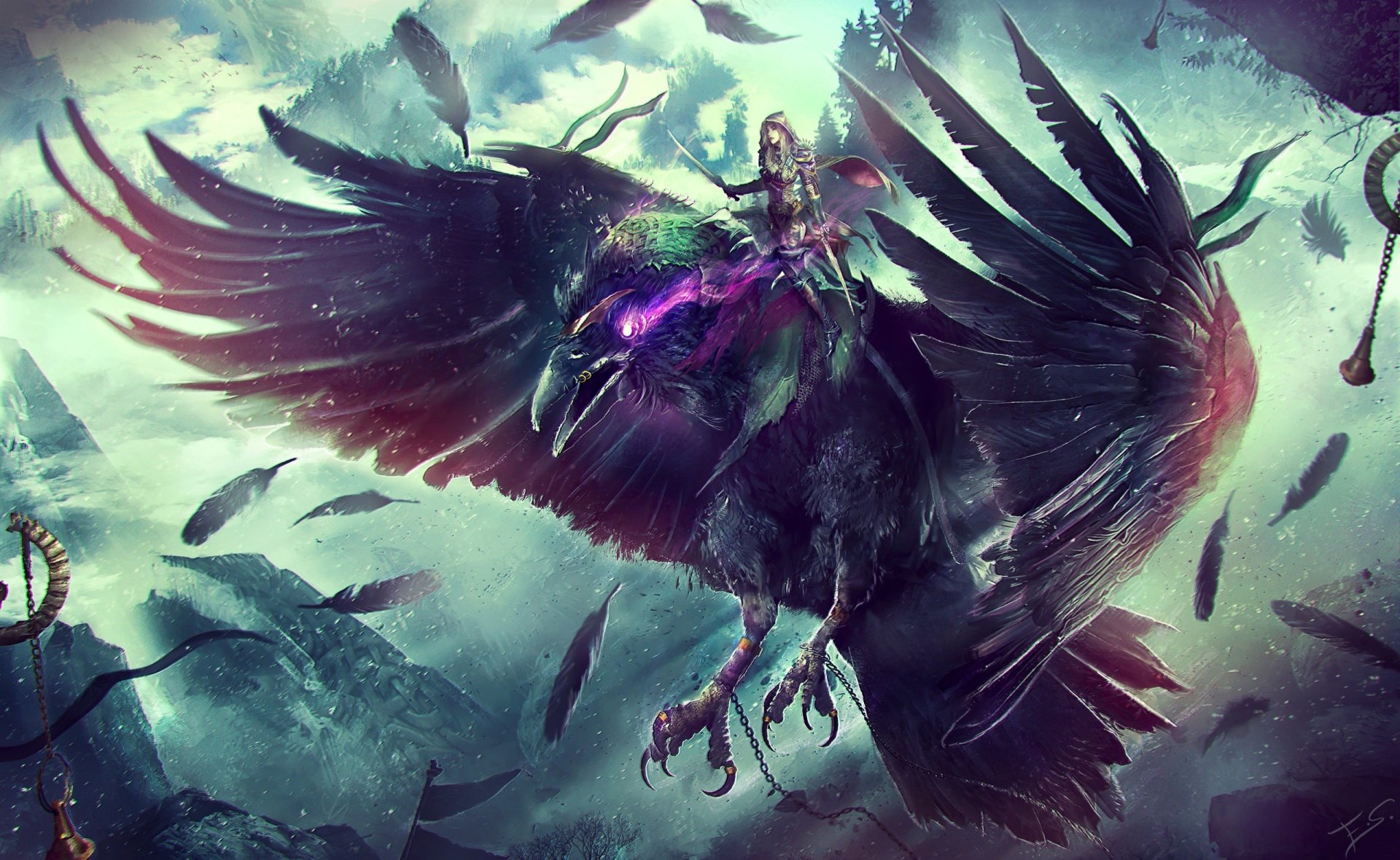 A woman warrior with a dagger rides a massive crow amidst a flurry of feathers, set in a dramatic and mystical scene inspired by the video game World of Warcraft. HD desktop wallpaper and background.