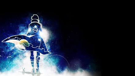 HD anime desktop wallpaper featuring a glowing silhouette of a character from Tengen Toppa Gurren Lagann against a cosmic blue and black background.