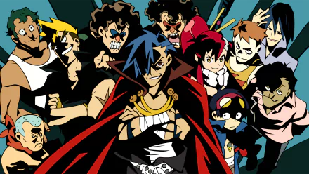 HD PC desktop wallpaper featuring dynamic characters from the anime Tengen Toppa Gurren Lagann in bold, vibrant colors and energetic poses.