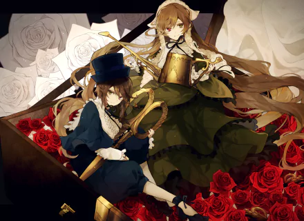 HD anime desktop wallpaper featuring Suiseiseki and Souseiseki from Rozen Maiden surrounded by white and red roses in a detailed, elegant setting.