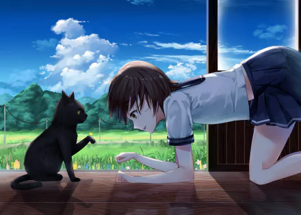 Anime-style HD desktop wallpaper featuring a girl in a school uniform playfully interacting with a black anime cat on a wooden floor against a bright rural landscape.