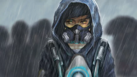 HD desktop wallpaper of Tracer from Overwatch, featuring a detailed artistic depiction in a rain-soaked scene with a blue hood and mask.