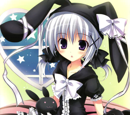 Anime-style HD desktop wallpaper featuring a short-haired character with grey hair, purple eyes, bunny ears, a blush, and a black outfit with white bows.