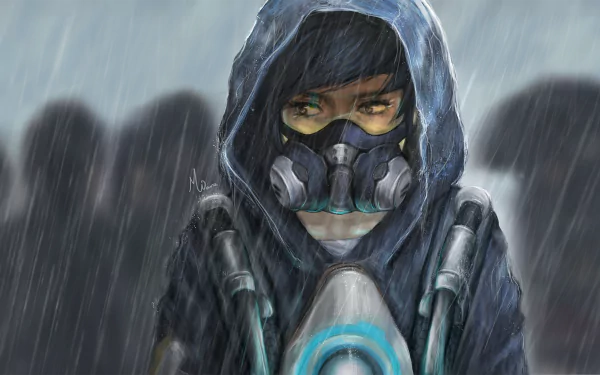 HD desktop wallpaper of Tracer from Overwatch, featuring a detailed artistic depiction in a rain-soaked scene with a blue hood and mask.