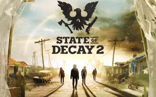 4K Ultra HD wallpaper of State of Decay 2 featuring silhouetted survivors walking through a post-apocalyptic landscape with zombies and a stormy sky.