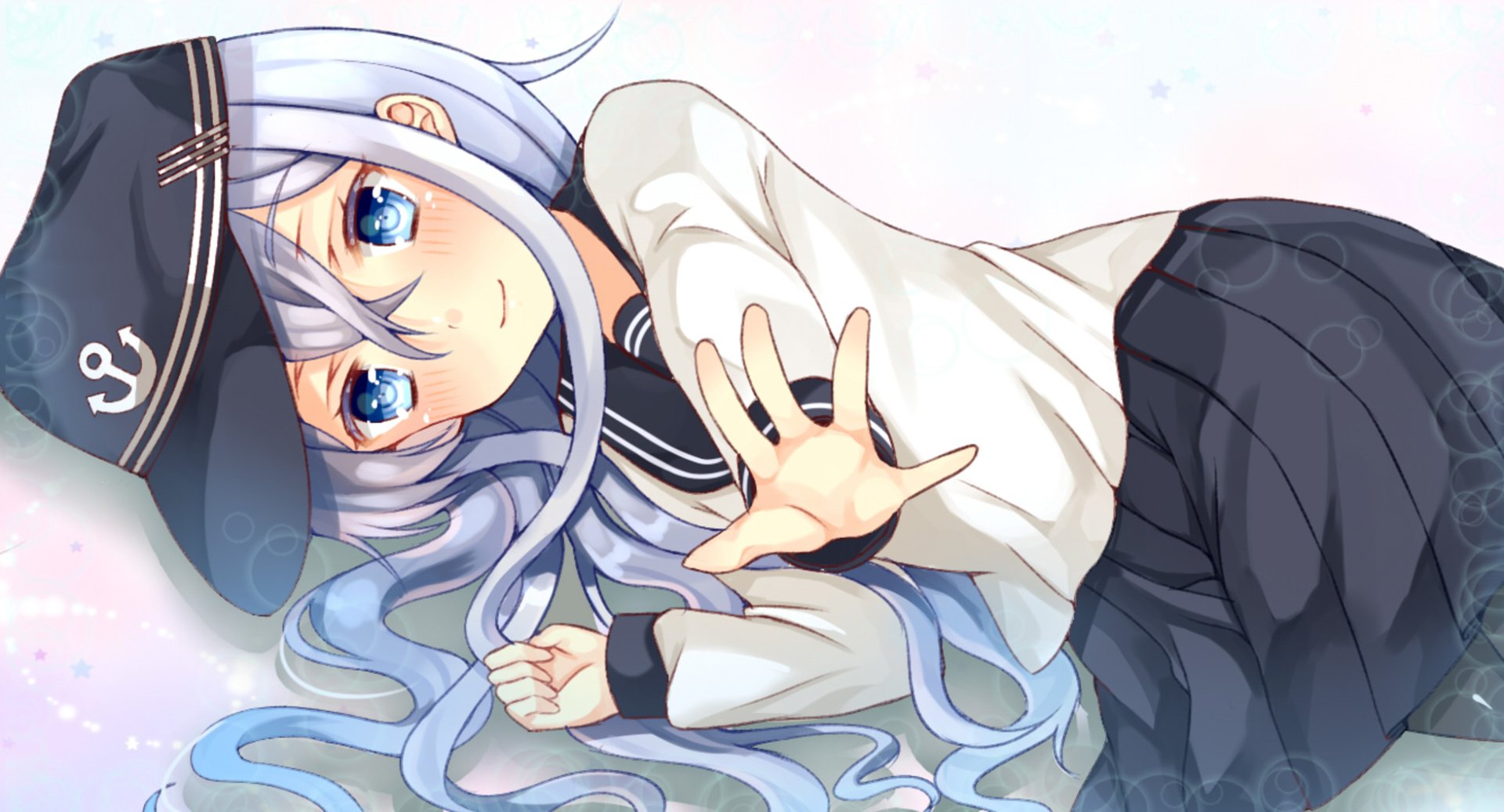 Hibiki (Kancolle) from Kantai Collection reclining with long silver-blue hair and bright blue eyes, wearing a sailor hat and uniform, reaching toward viewer — HD anime PC desktop wallpaper.