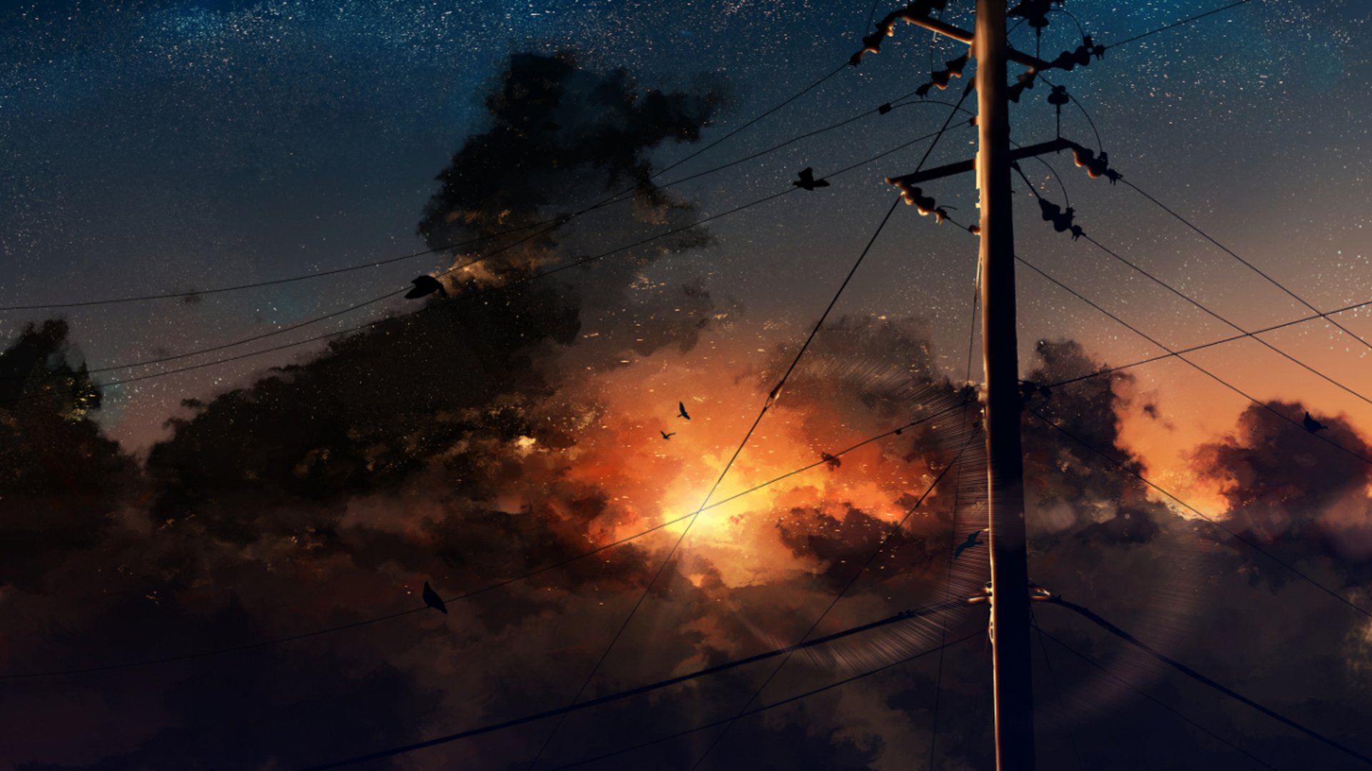 An HD desktop wallpaper featuring an anime-style sunset with a dramatic sky, vibrant clouds, and a silhouetted utility pole against the colorful backdrop.