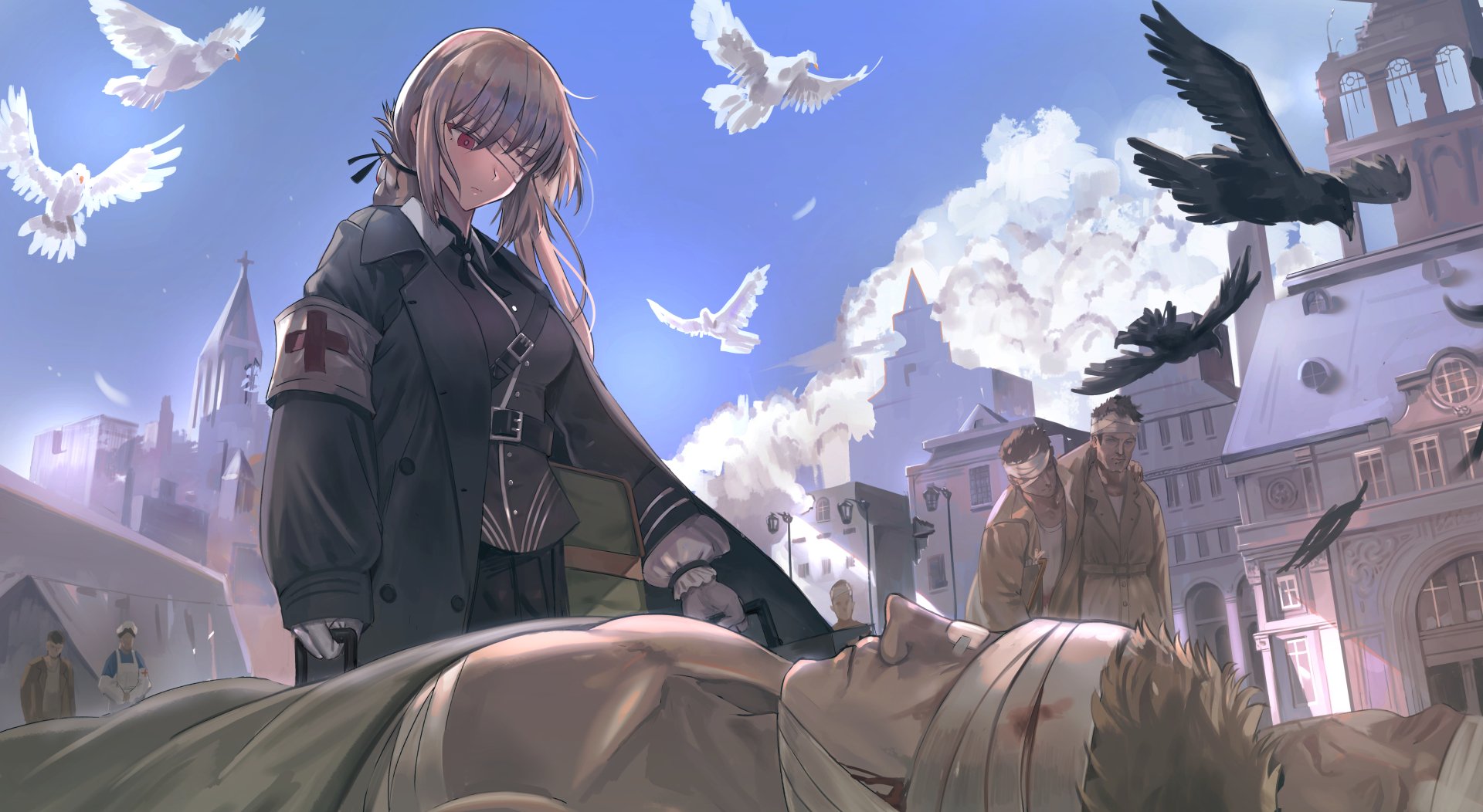 HD wallpaper featuring Florence Nightingale from Fate/Grand Order, depicted in an anime style, standing over an injured person amidst a dramatic backdrop with birds and a smoky sky.