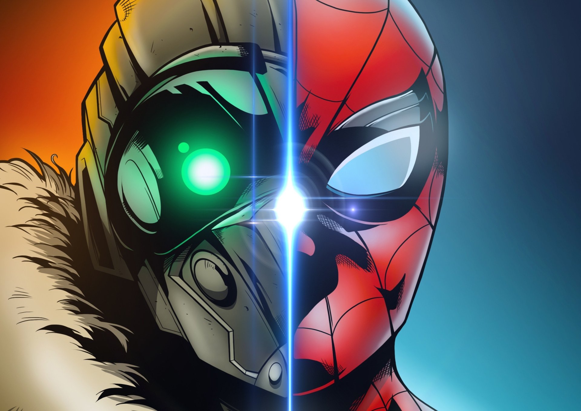 HD PC desktop wallpaper depicting a dramatic split image of Spider-Man and the Vulture from Spider-Man: Homecoming in comic style.