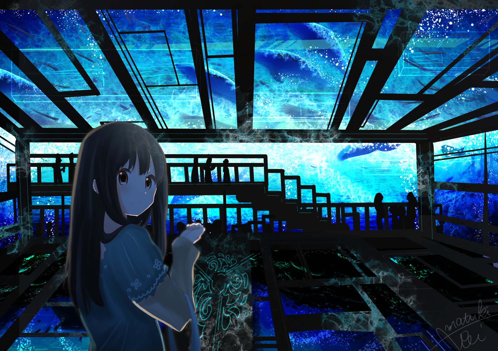 An HD anime desktop wallpaper featuring a girl with long hair in a blue-themed room, surrounded by large aquarium walls filled with vibrant fish.