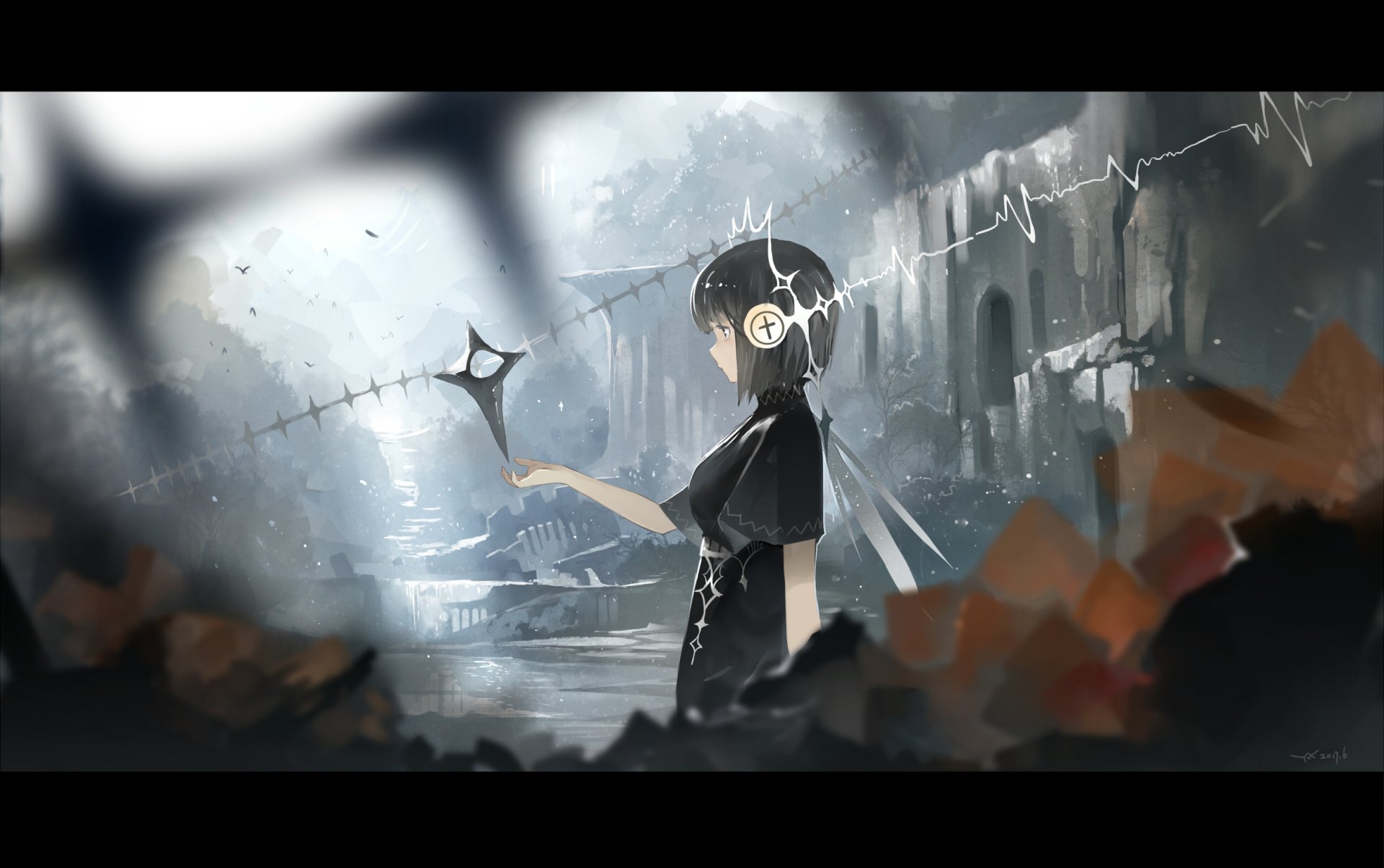 HD anime desktop wallpaper featuring an original character with short hair wearing headphones, standing in a mysterious, misty, and ruined environment.