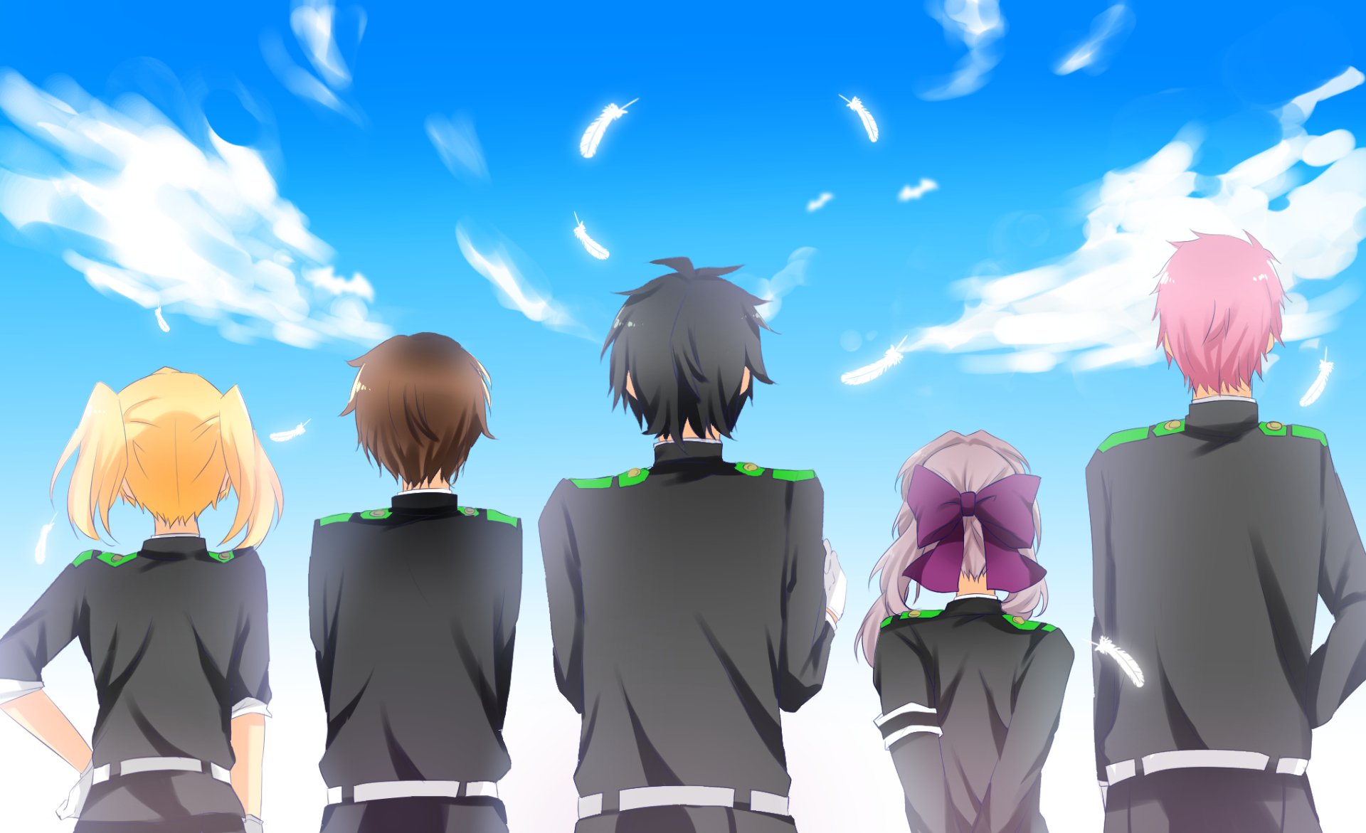 Five characters from Seraph of the End stand side by side in uniforms, facing a bright blue sky with clouds. They feature various hair colors: blonde, brown, black, purple, and pink.
