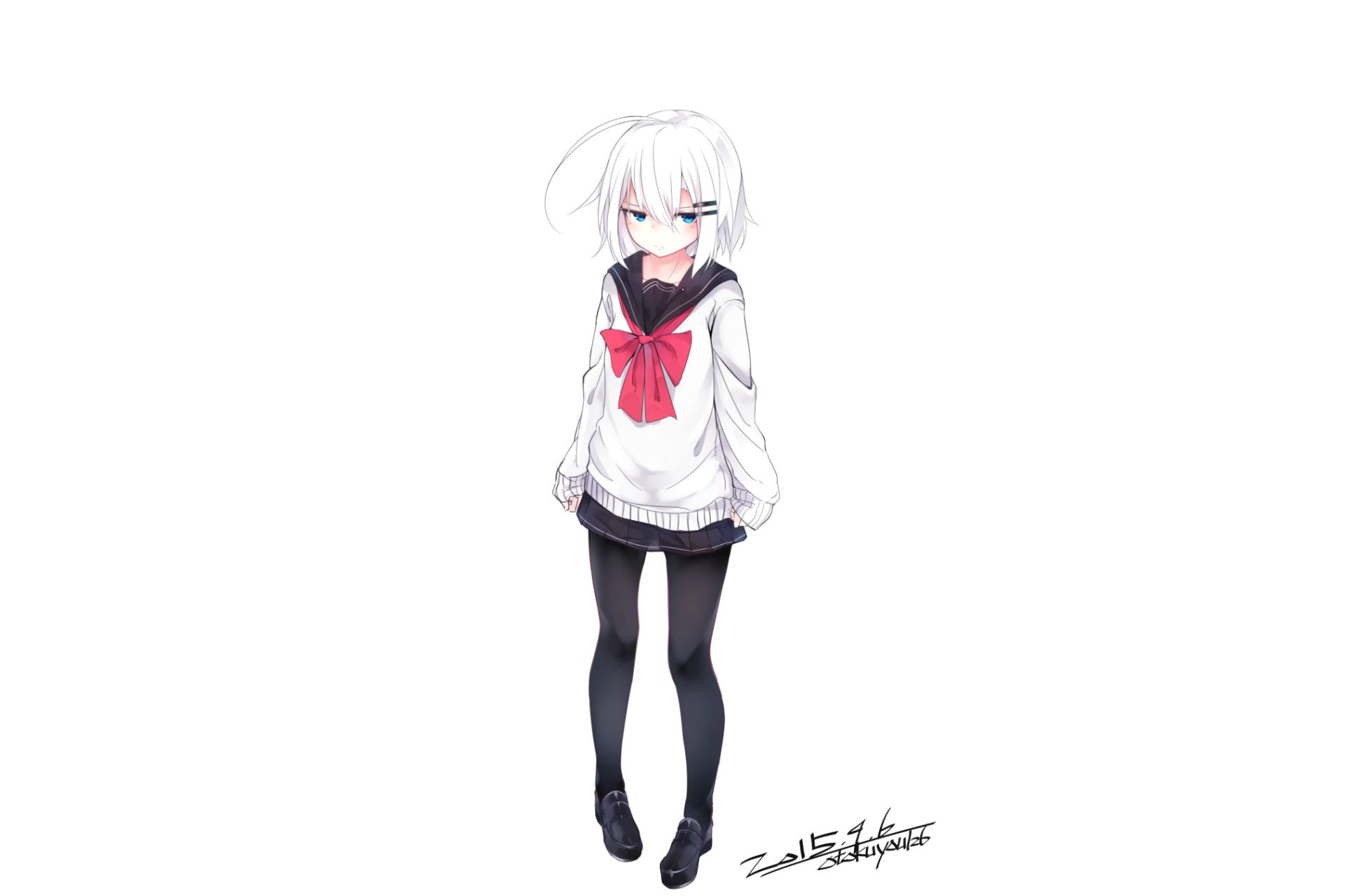 Anime schoolgirl with short white hair and blue eyes in a sailor-style school uniform with red bow and black thigh-highs, standing on a white background — HD PC wallpaper.
