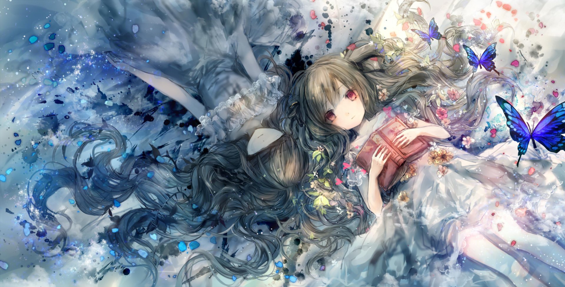 HD PC desktop wallpaper: original anime girl with long flowing hair and red eyes lying beside her reflection, surrounded by colorful butterflies.