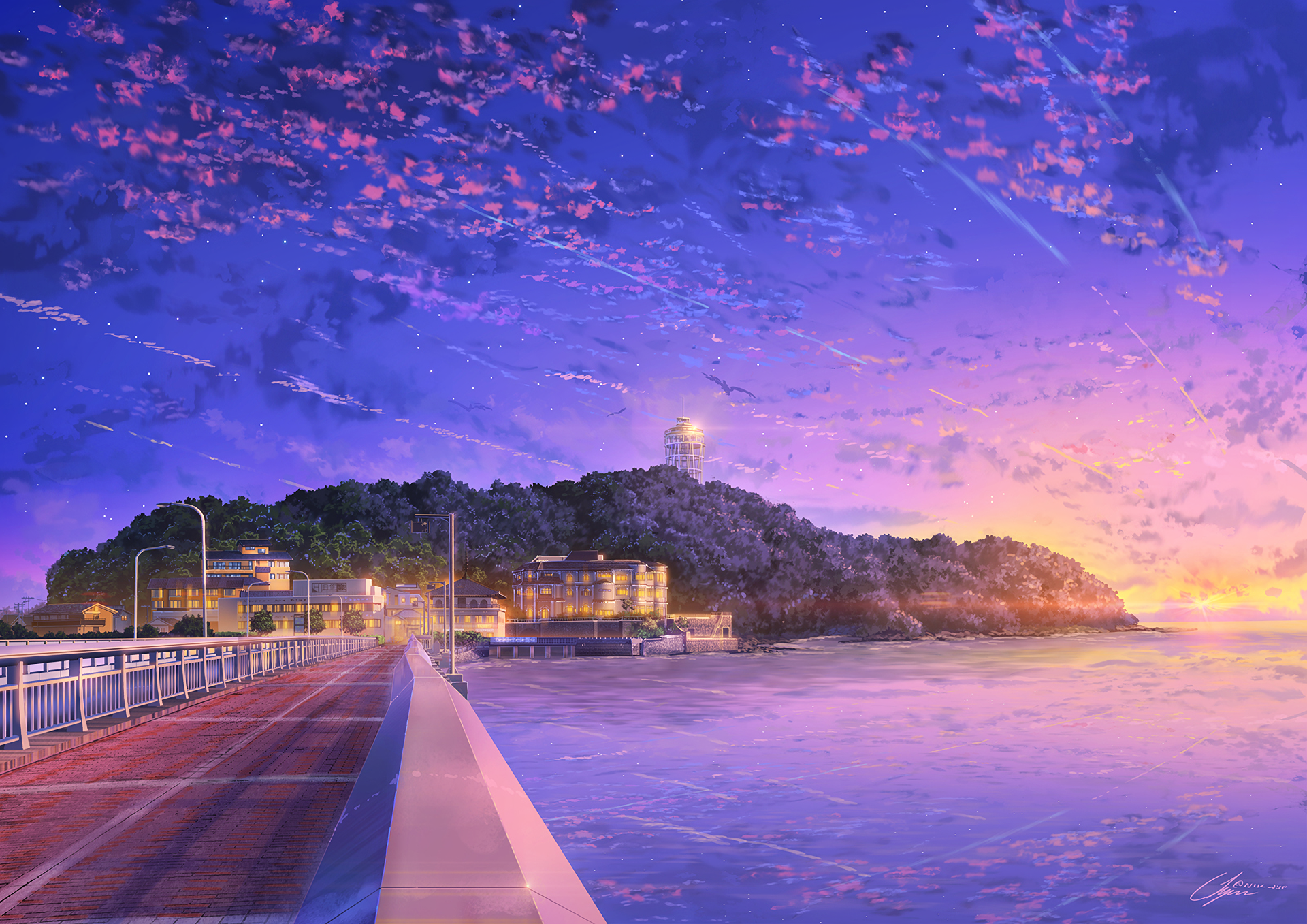 HD desktop wallpaper featuring an original anime-style scene of a serene coastal walkway at twilight, with vibrant skies and a lighthouse on a distant hill.