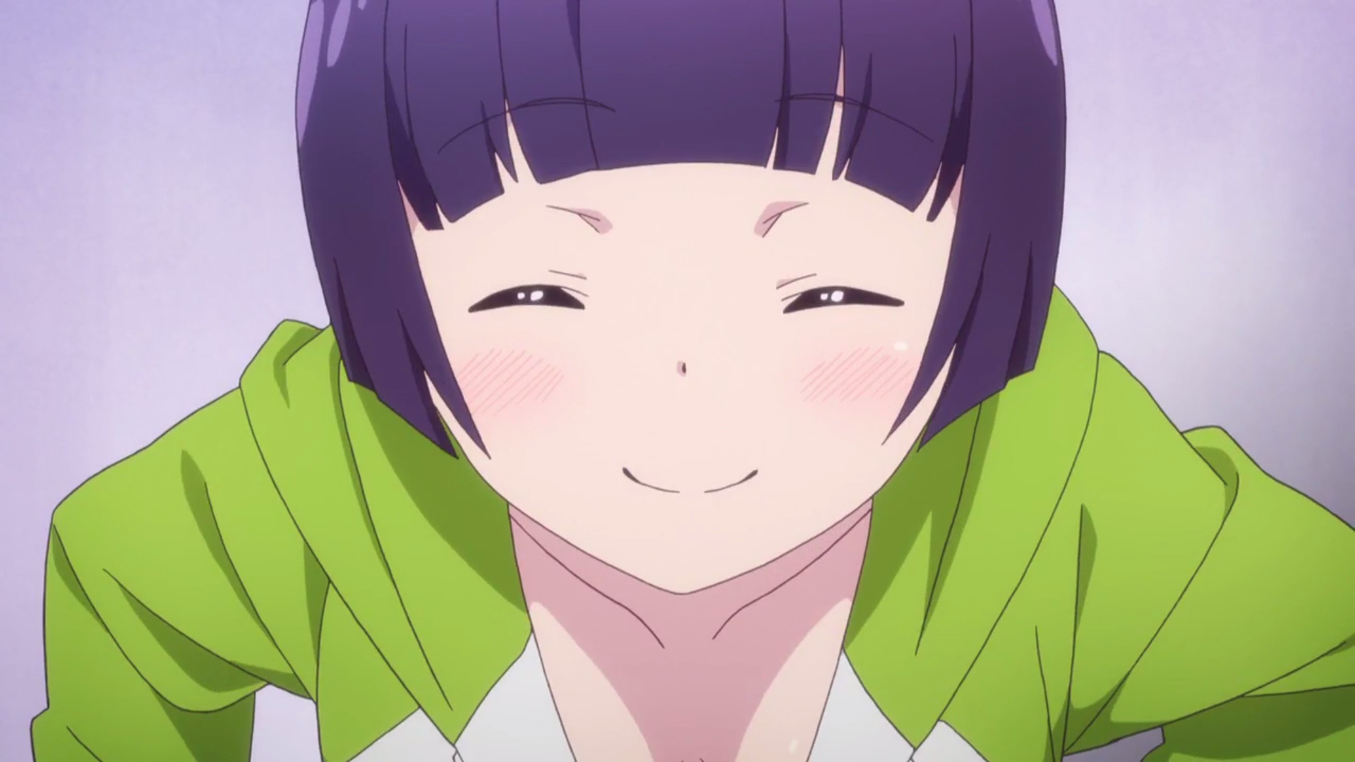 Close-up smiling Senju Muramasa (Eromanga-Sensei), purple hair and green hoodie, HD anime PC desktop wallpaper background.