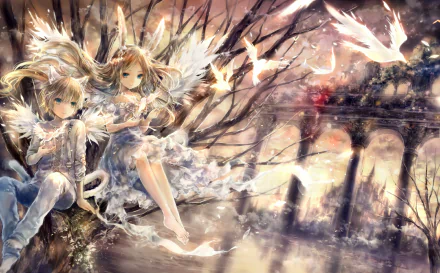 Anime-style original HD desktop wallpaper featuring a couple sitting by water, surrounded by glowing birds with wings, in a soft, ethereal atmosphere.