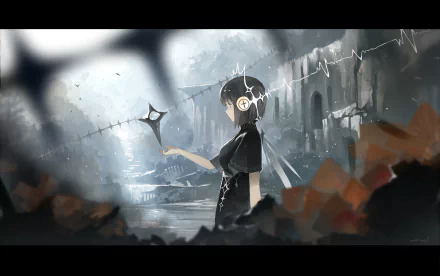 HD anime desktop wallpaper featuring an original character with short hair wearing headphones, standing in a mysterious, misty, and ruined environment.