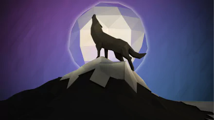 Low poly abstract wolf howling at a geometric moon against a purple and blue night sky. HD desktop wallpaper.