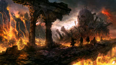 A dark fantasy HD desktop wallpaper featuring a ruined archway, lava flows, a towering skull-shaped skeleton, and silhouettes of a knight and wizard in a fiery, ominous landscape.