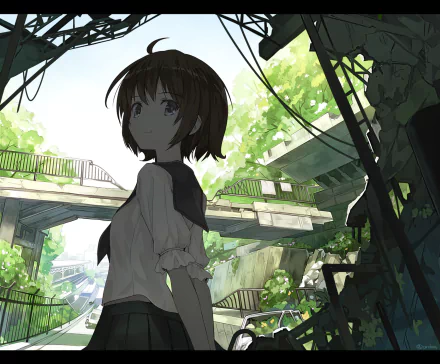 Anime girl with short hair in a school uniform stands beneath a sunlit bridge surrounded by trees and blue sky, captured in an HD PC desktop wallpaper style.
