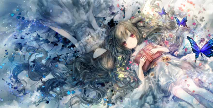 HD PC desktop wallpaper: original anime girl with long flowing hair and red eyes lying beside her reflection, surrounded by colorful butterflies.