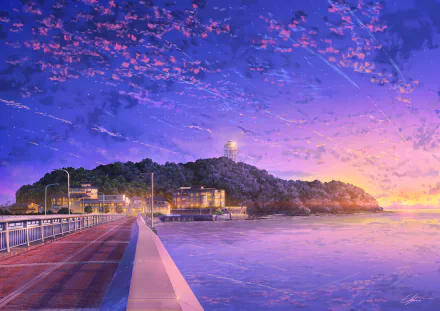 HD desktop wallpaper featuring an original anime-style scene of a serene coastal walkway at twilight, with vibrant skies and a lighthouse on a distant hill.
