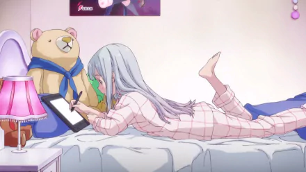 HD PC desktop wallpaper featuring Sagiri Izumi from EroManga-Sensei, lying on her bed in pajamas while drawing on a tablet beside a large teddy bear.