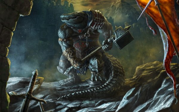 Fantasy Warrior Crocodile Hammer Creature Banner Armor HD Wallpaper | Background Image