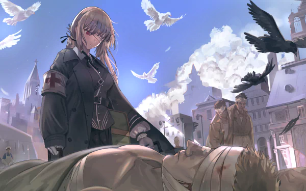 HD wallpaper featuring Florence Nightingale from Fate/Grand Order, depicted in an anime style, standing over an injured person amidst a dramatic backdrop with birds and a smoky sky.