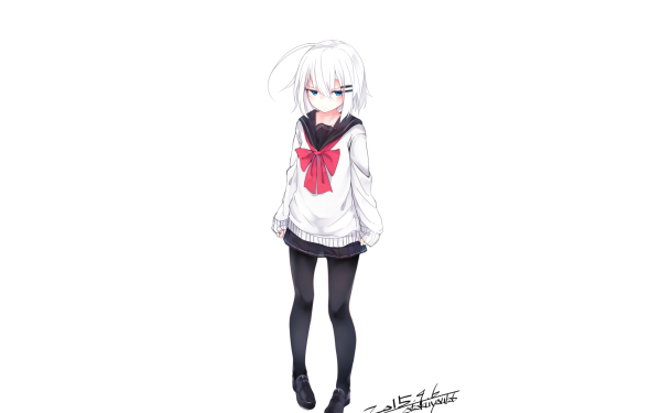 Anime Girl Schoolgirl School Uniform Thigh Highs White Hair Blue Eyes Short Hair HD Wallpaper | Background Image