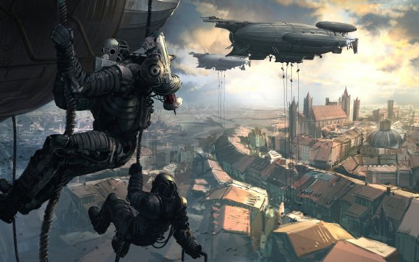 Sci Fi Steampunk Soldier Zeppelin Armor Cityscape Building City HD Wallpaper | Background Image