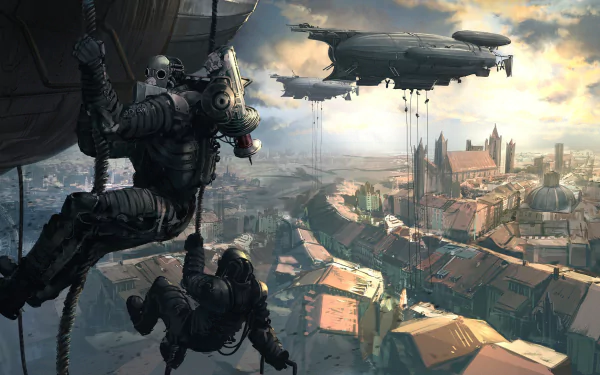 A steampunk sci-fi cityscape featuring armored soldiers descending from a zeppelin over a sprawling city with intricate buildings; an HD desktop wallpaper and background.