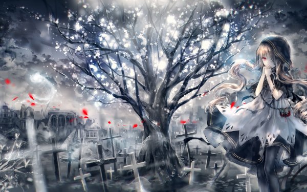Anime Original Tree Blonde Night Red Eyes Graveyard Wallpaper