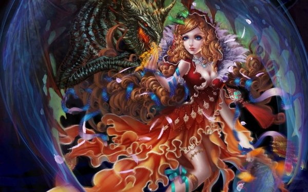 Fantasy Women Dragon Fire Orange Hair Blue Eyes Dress Long Hair HD Wallpaper | Background Image