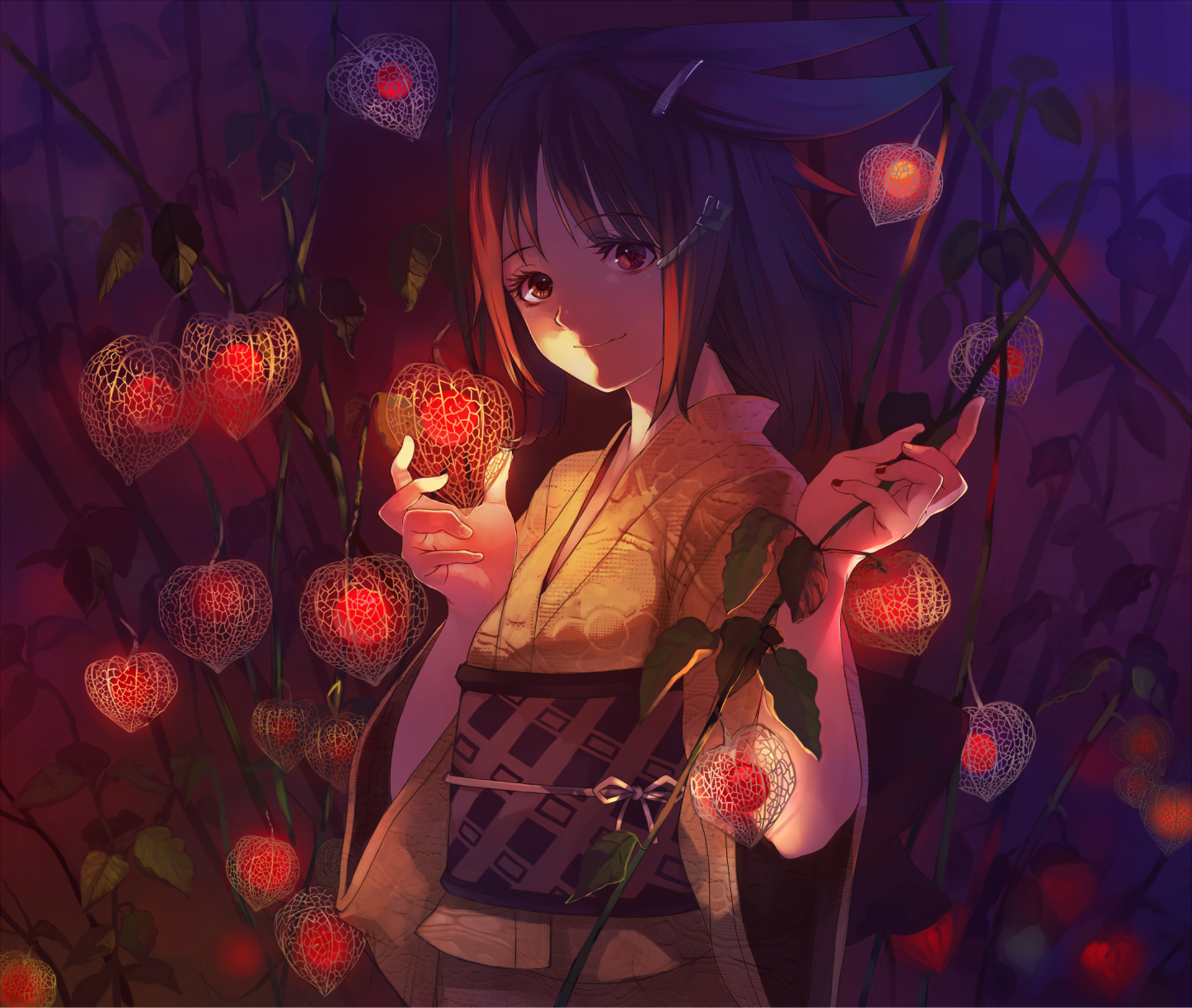 Anime-style HD wallpaper depicting a girl with brown hair and red eyes in a yukata, holding glowing fruit lanterns at night.