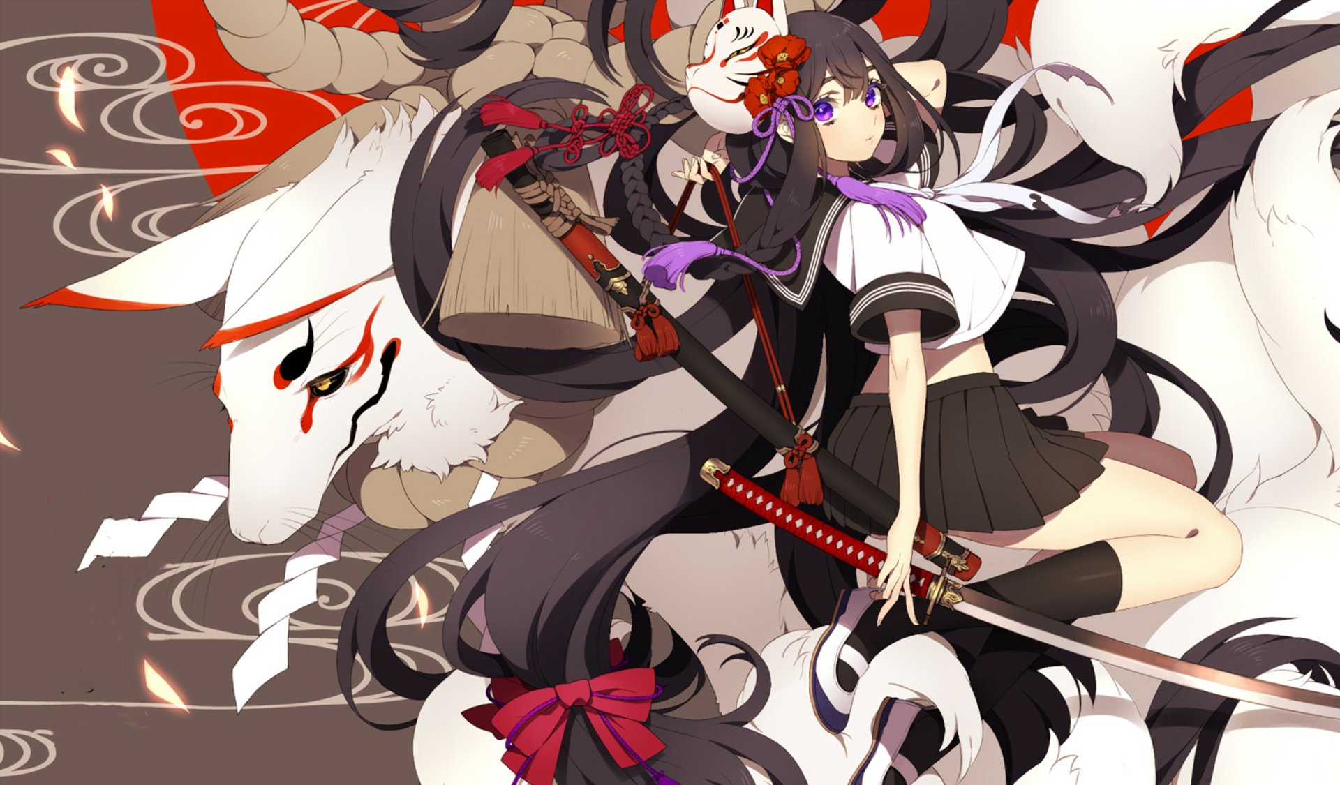 Anime-style HD desktop wallpaper featuring a masked character in a school uniform with long hair and purple eyes, wielding a katana, accompanied by a beast in a vibrant, dynamic scene.
