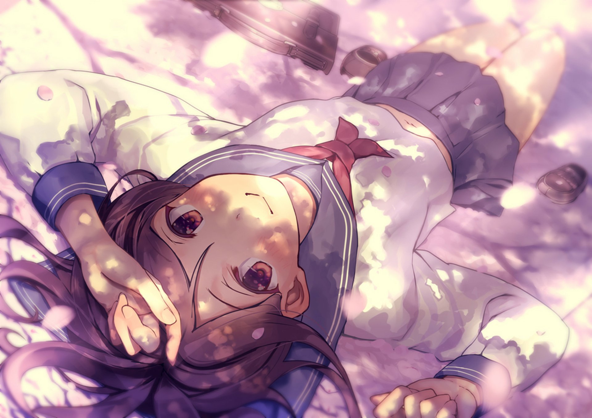 Anime-style original HD wallpaper of a brown-haired girl in a school uniform lying under cherry blossoms with sunlight filtering through the petals.