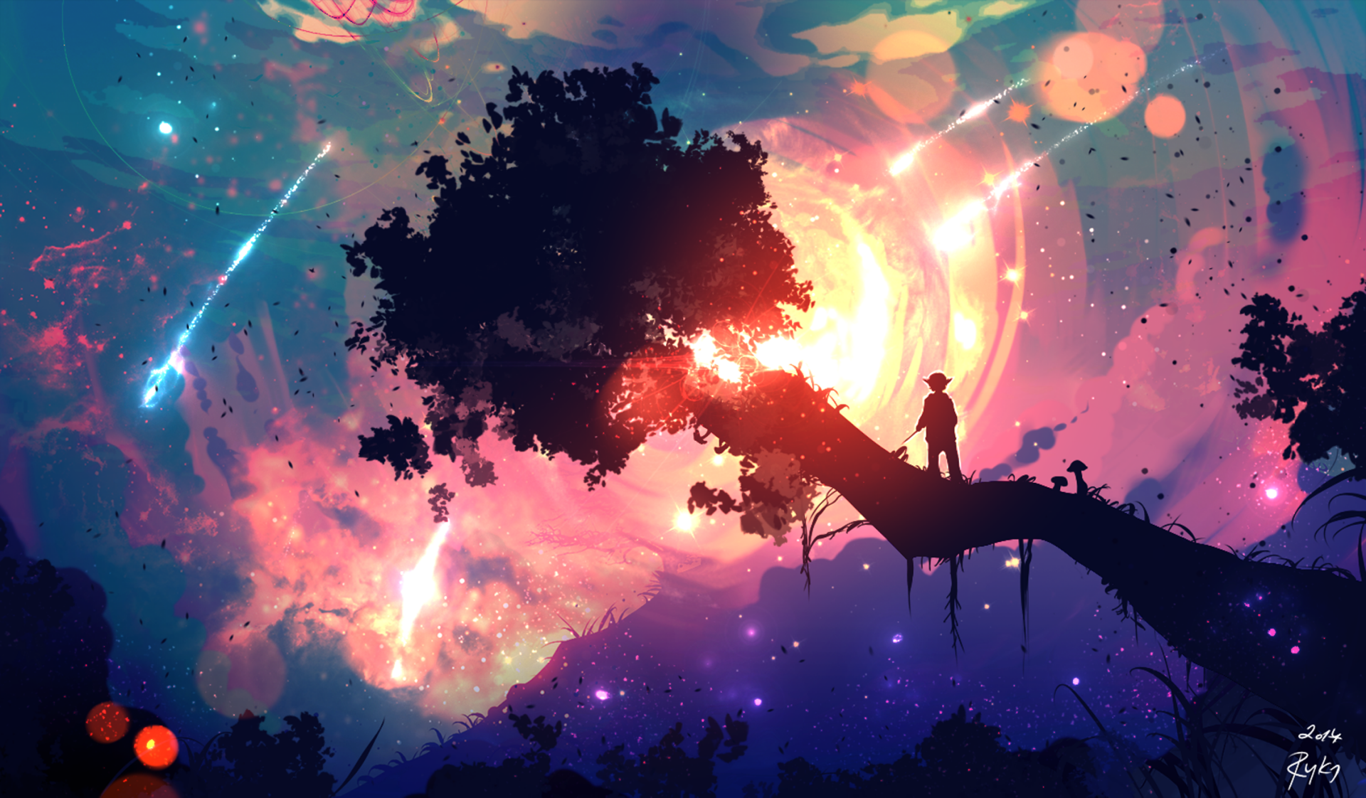 A fantasy-themed HD desktop wallpaper depicting an Anime-style silhouette of a person on a tree branch, with a vibrant, comet-streaked sky and a celestial background.