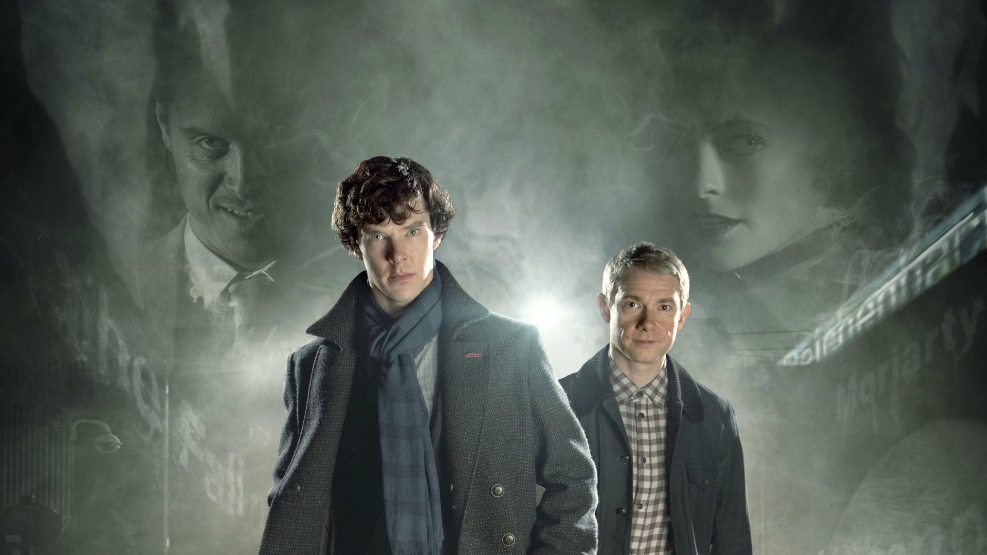 Benedict Cumberbatch and Martin Freeman as Sherlock Holmes and John Watson in a dramatic 4K Ultra HD wallpaper from the TV show Sherlock.