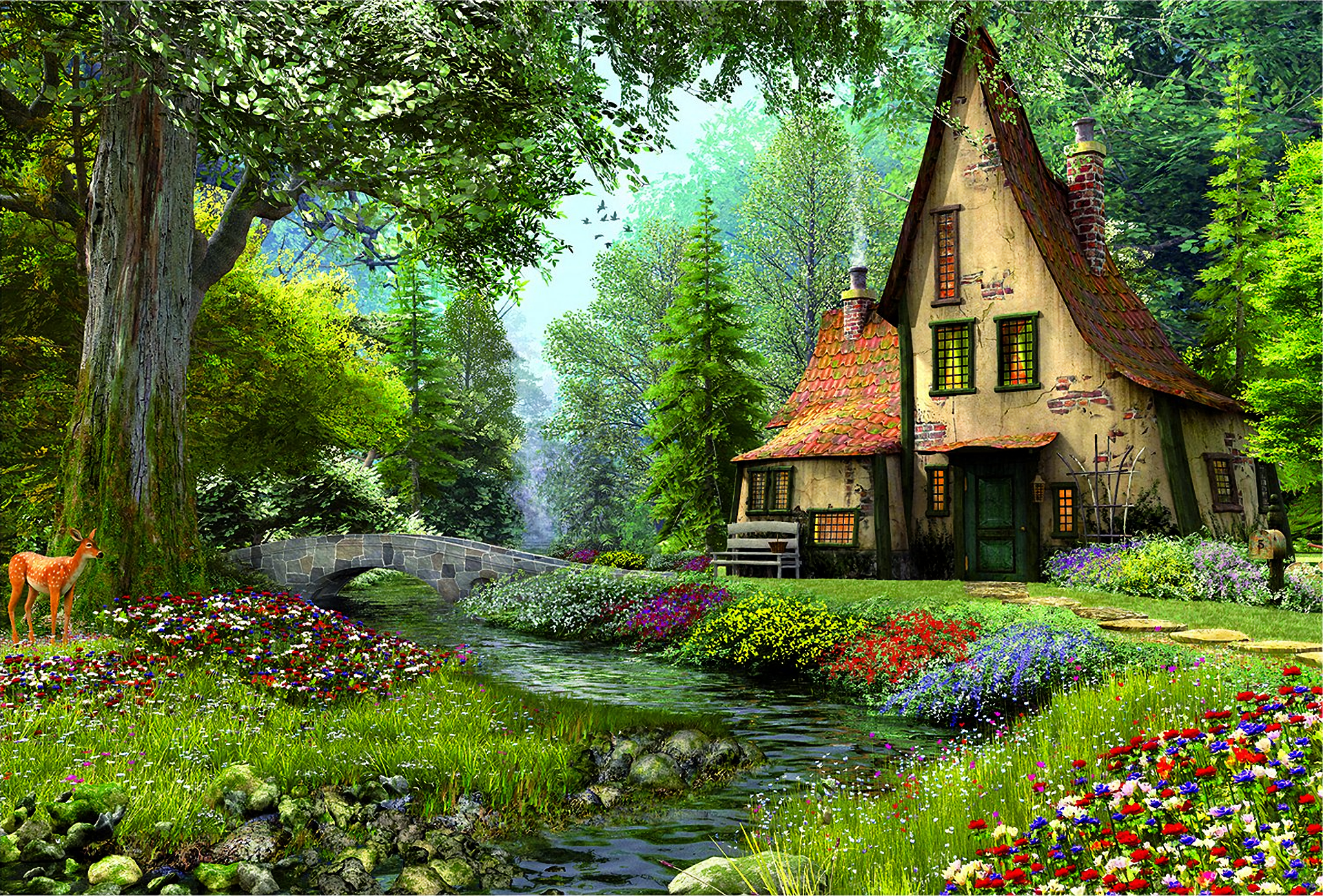 Download River Bridge Deer Spring Tree Flower Magical Fairy Tale House Artistic Painting  HD Wallpaper