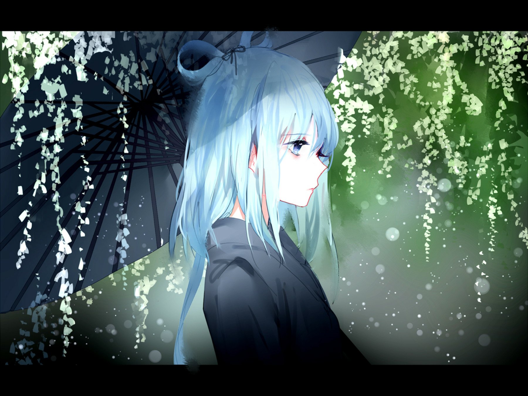 Anime-style original HD desktop wallpaper featuring a blue-haired character with blue eyes holding a traditional umbrella, surrounded by cascading white flowers.
