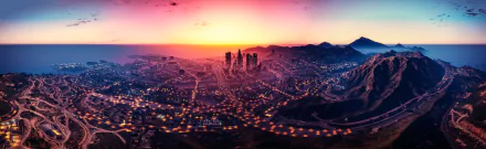 HD desktop wallpaper featuring a stunning sunset sky over the fictional city of Los Santos from the video game Grand Theft Auto V, showcasing the skyline and city lights.