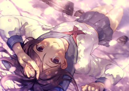 Anime-style original HD wallpaper of a brown-haired girl in a school uniform lying under cherry blossoms with sunlight filtering through the petals.