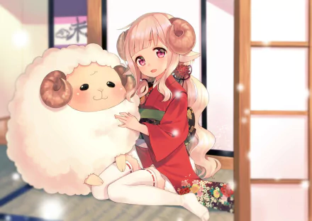 Anime-style HD desktop wallpaper featuring a girl with pink hair and eyes in a yukata, sitting beside a fluffy sheep with curled horns in a traditional Japanese room.