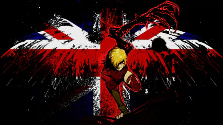 HD wallpaper featuring Seras Victoria from the anime Hellsing, set against a bold backdrop of the UK flag with striking red and black elements, capturing a vampire theme.