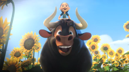 HD desktop wallpaper of Ferdinand the bull from the movie Ferdinand grinning in a sunflower field, a small child perched on his head under a bright blue sky.